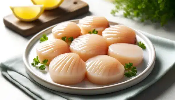 dall·e 2024 05 30 13.39.00 a close up image of raw scallops arranged neatly on a plate. the scallops are fresh with a glossy and translucent appearance showcasing their natur e1717065628782