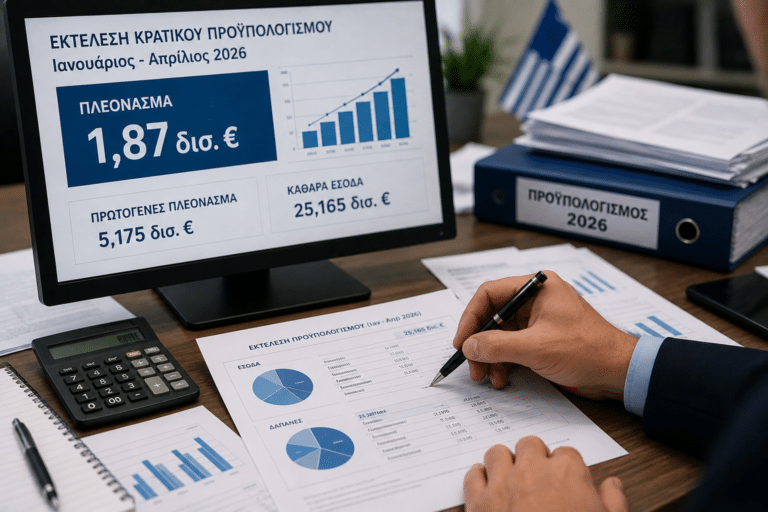 Πλεόνασμα 1,87 δισ. ευρώ στον προϋπολογισμό το πρώτο τετράμηνο του 2026